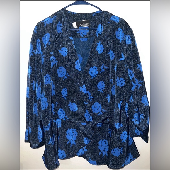 Vintage Alexis Fashion Blue/Navy Floral Peplum Size 20W Blouse - Picture 1 of 7